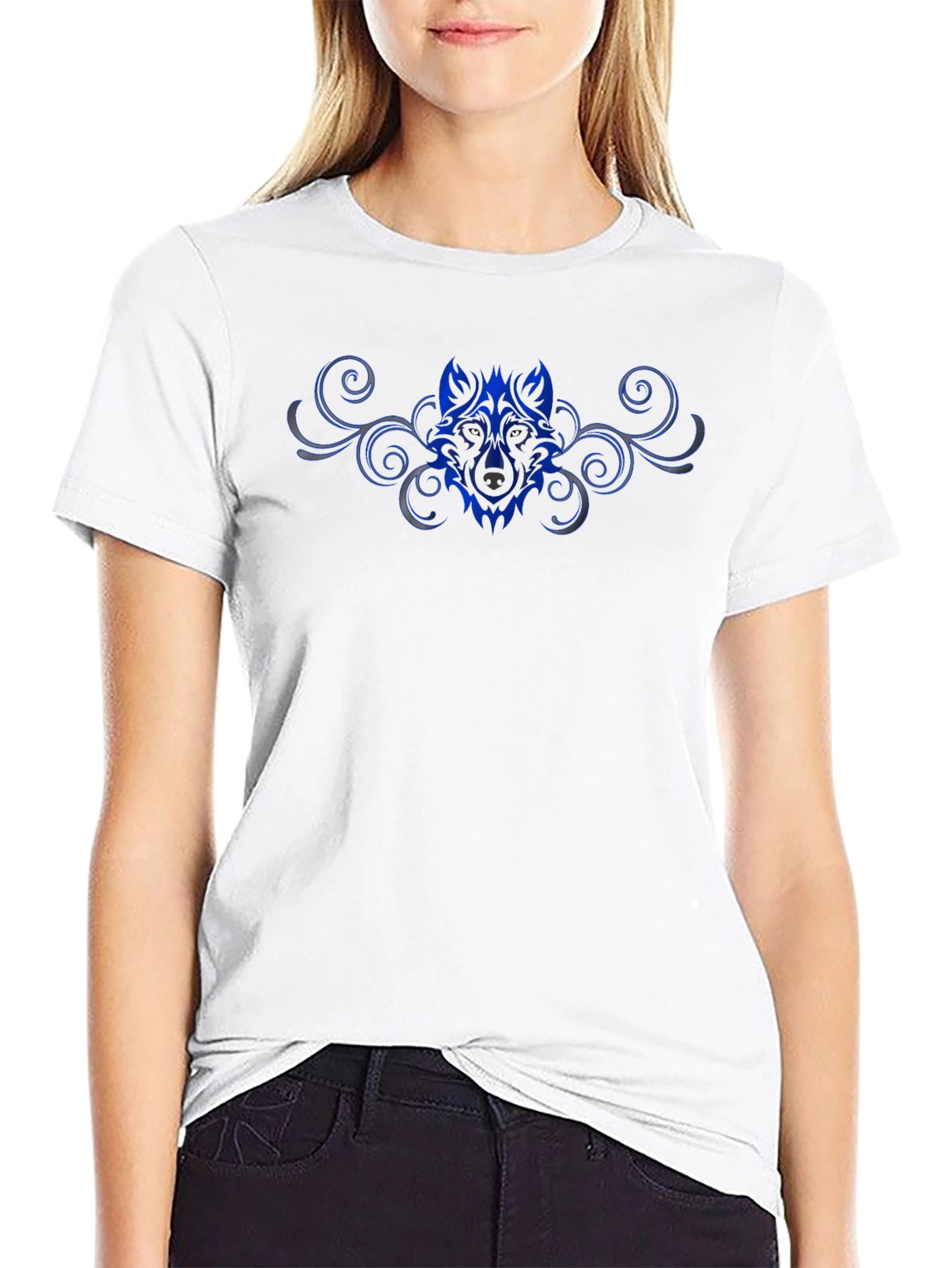 Tribal Wolf Graphic Print Black T-Shirt