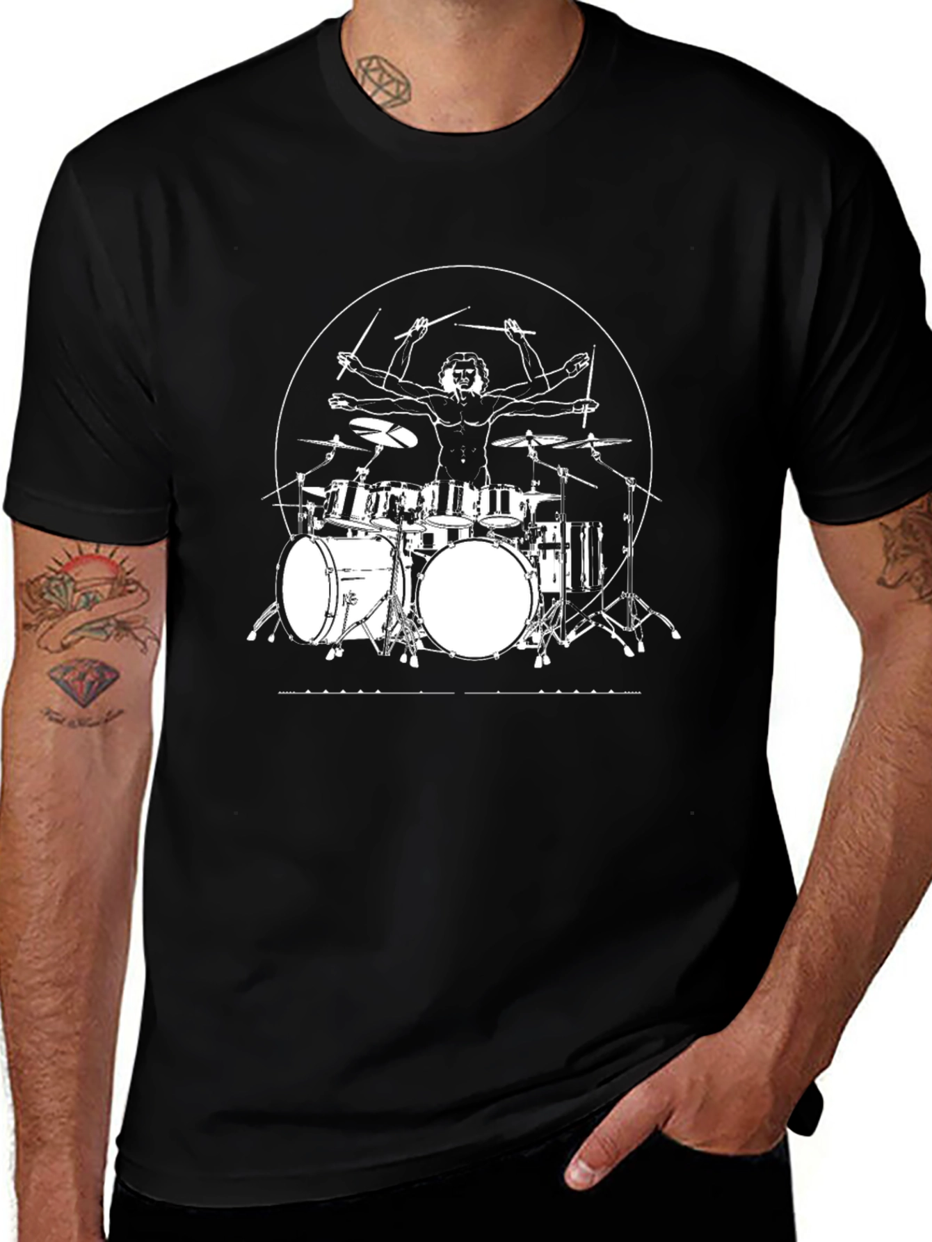 Vitruvian Drummer Black T-Shirt - Music Tee