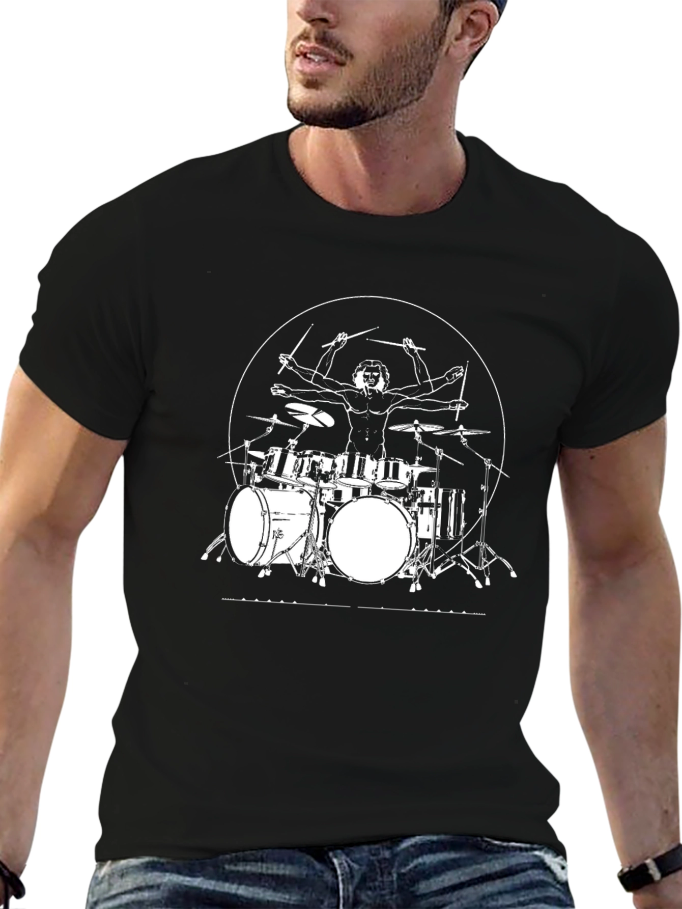 Vitruvian Drummer Black T-Shirt - Music Tee