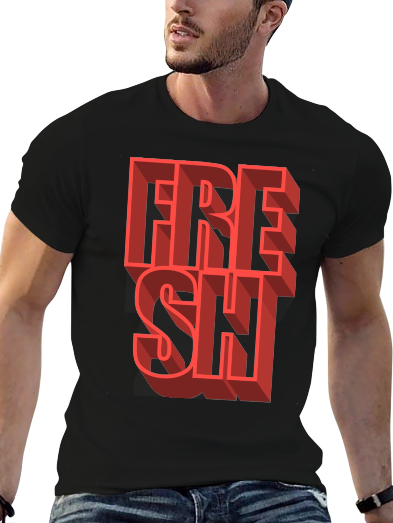 Fresh Graphic Tee - Trendy 3D Lettering Black T-Shirt