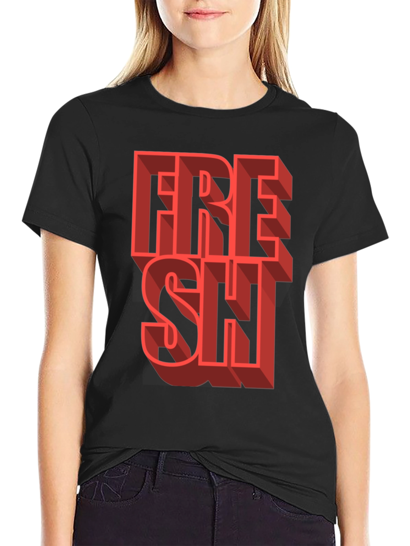Fresh Graphic Tee - Trendy 3D Lettering Black T-Shirt