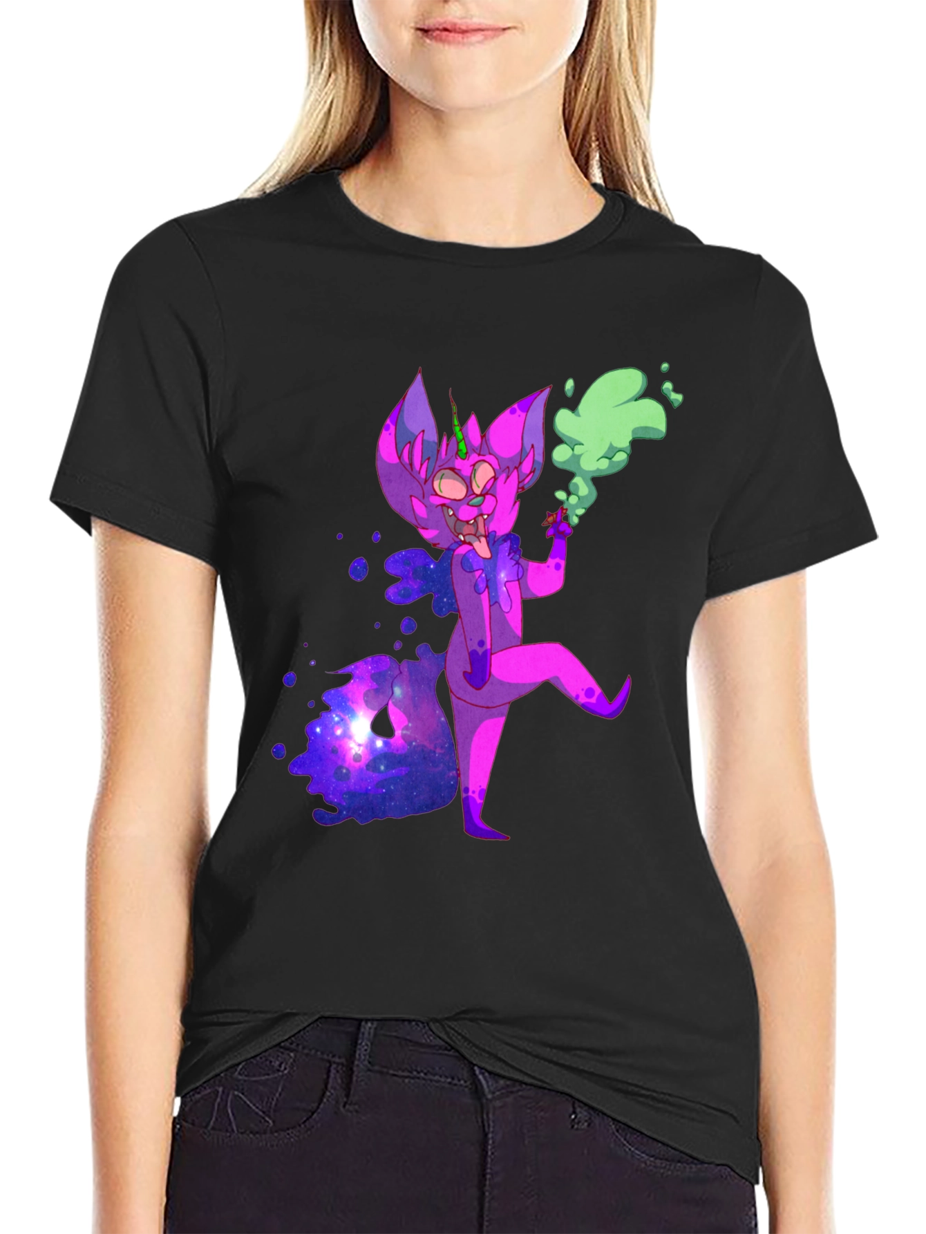 Cosmic Cartoon Character Black T-Shirt