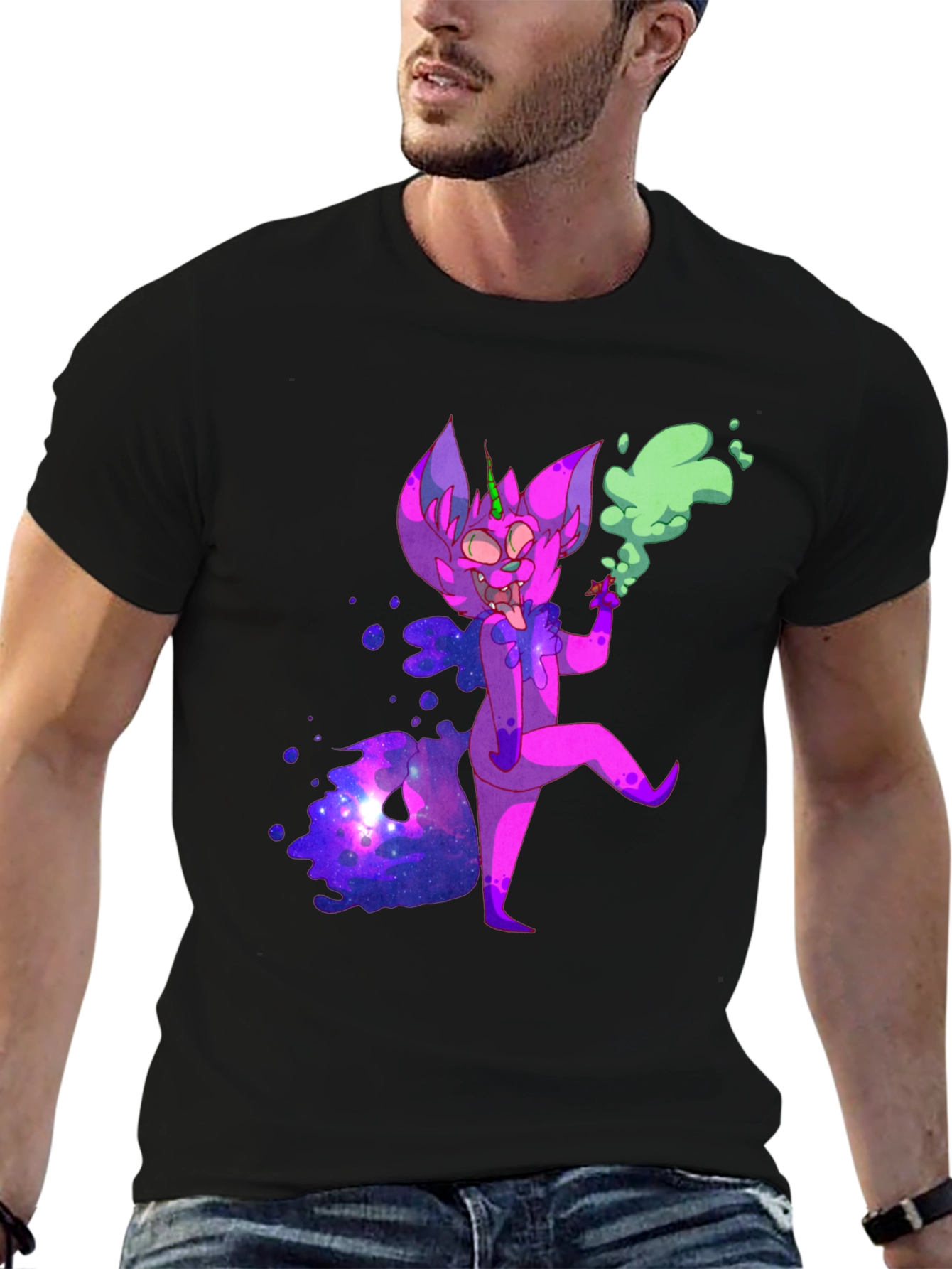 Cosmic Cartoon Character Black T-Shirt