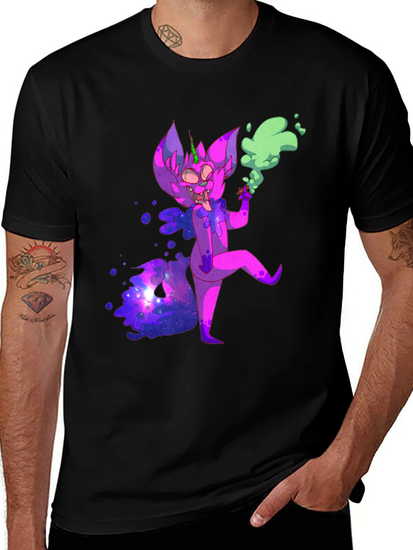 Cosmic Cartoon Character Black T-Shirt