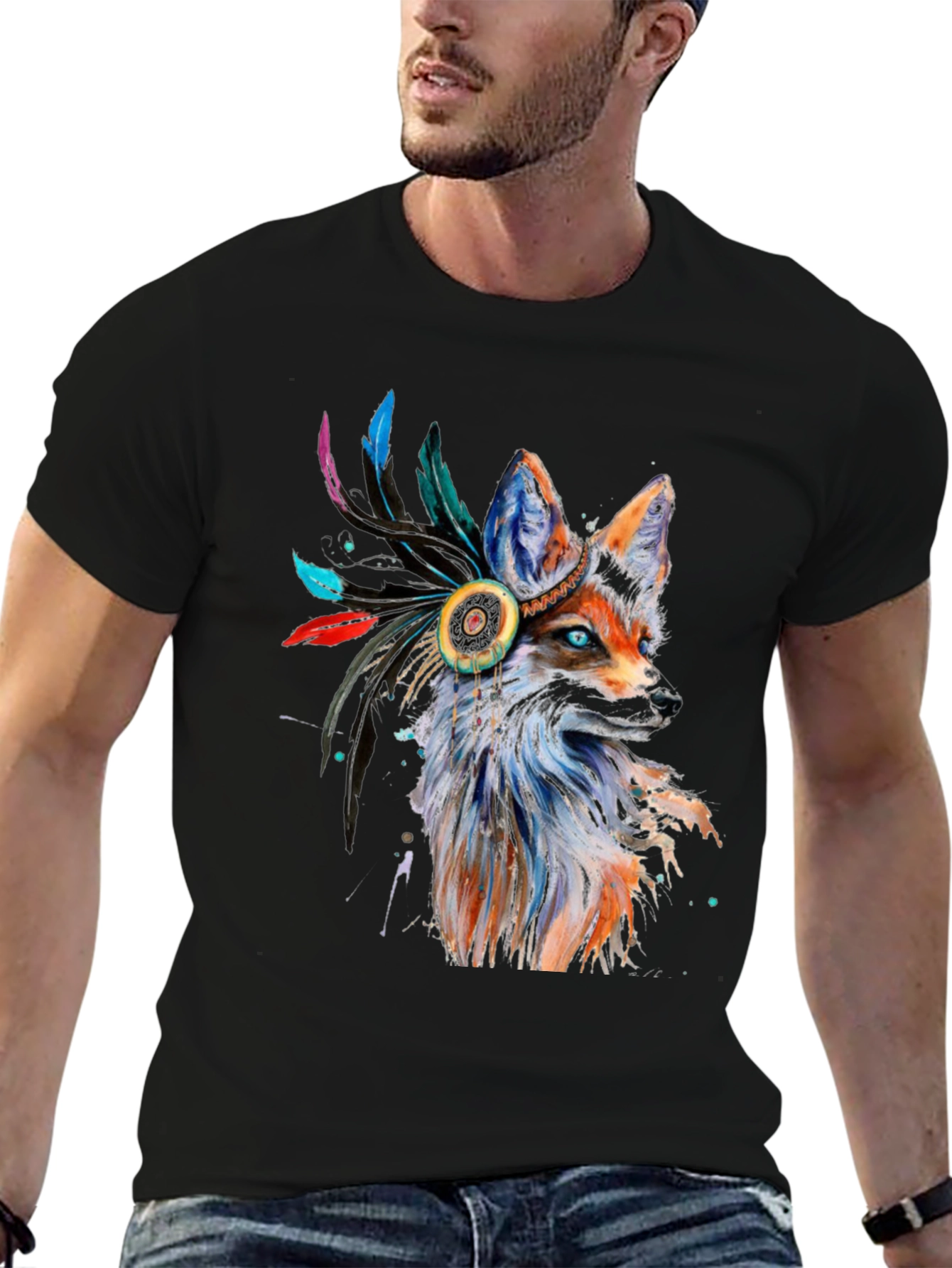 Fox Headdress Graphic Tee - Stylish Animal Print
