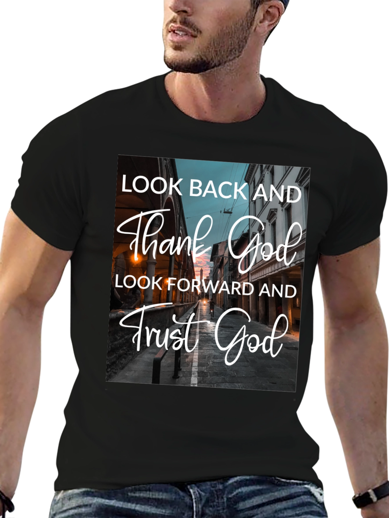 Look Back Thank God Black T-Shirt