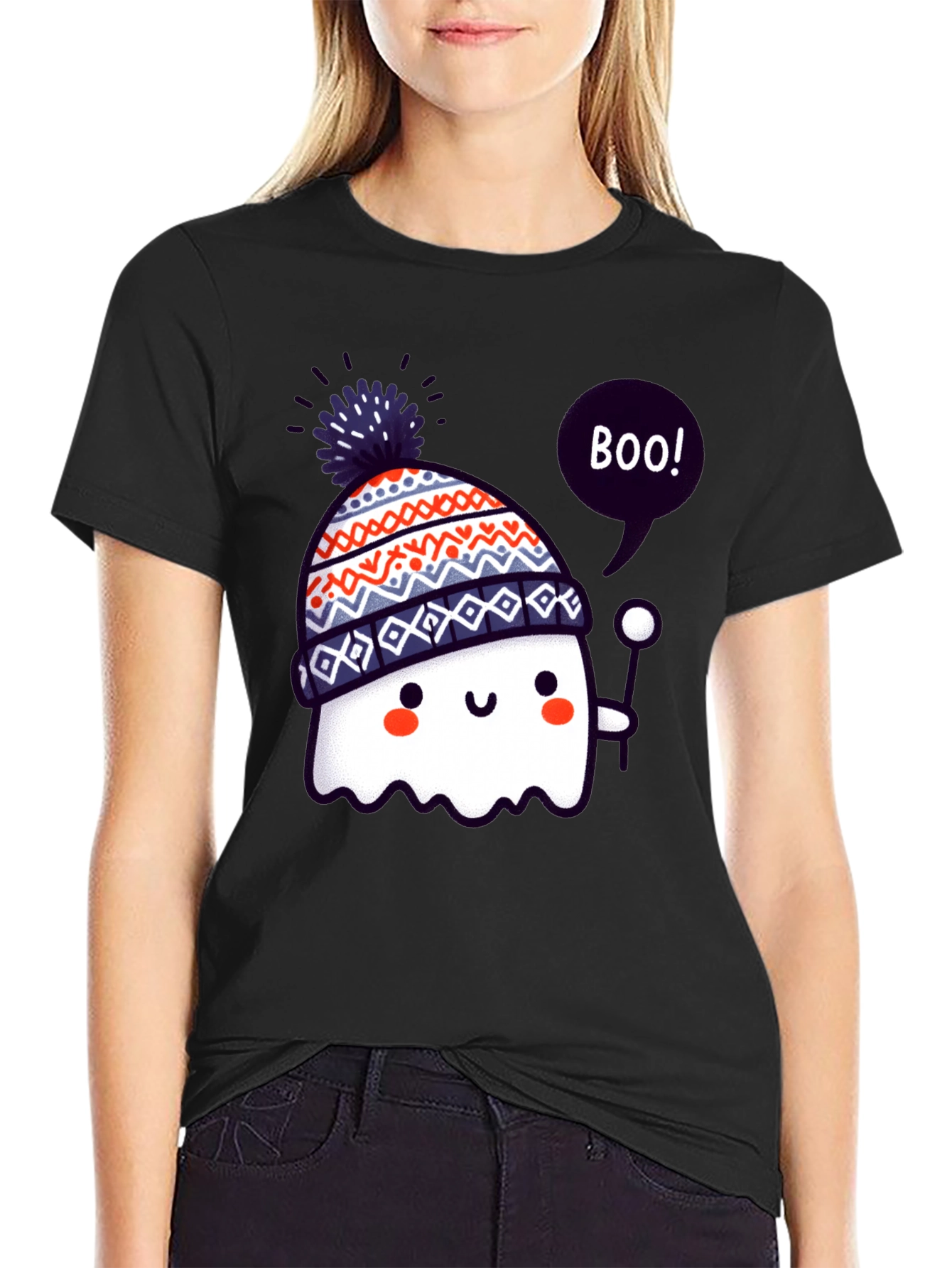 Cute Ghost in Beanie Black T-Shirt