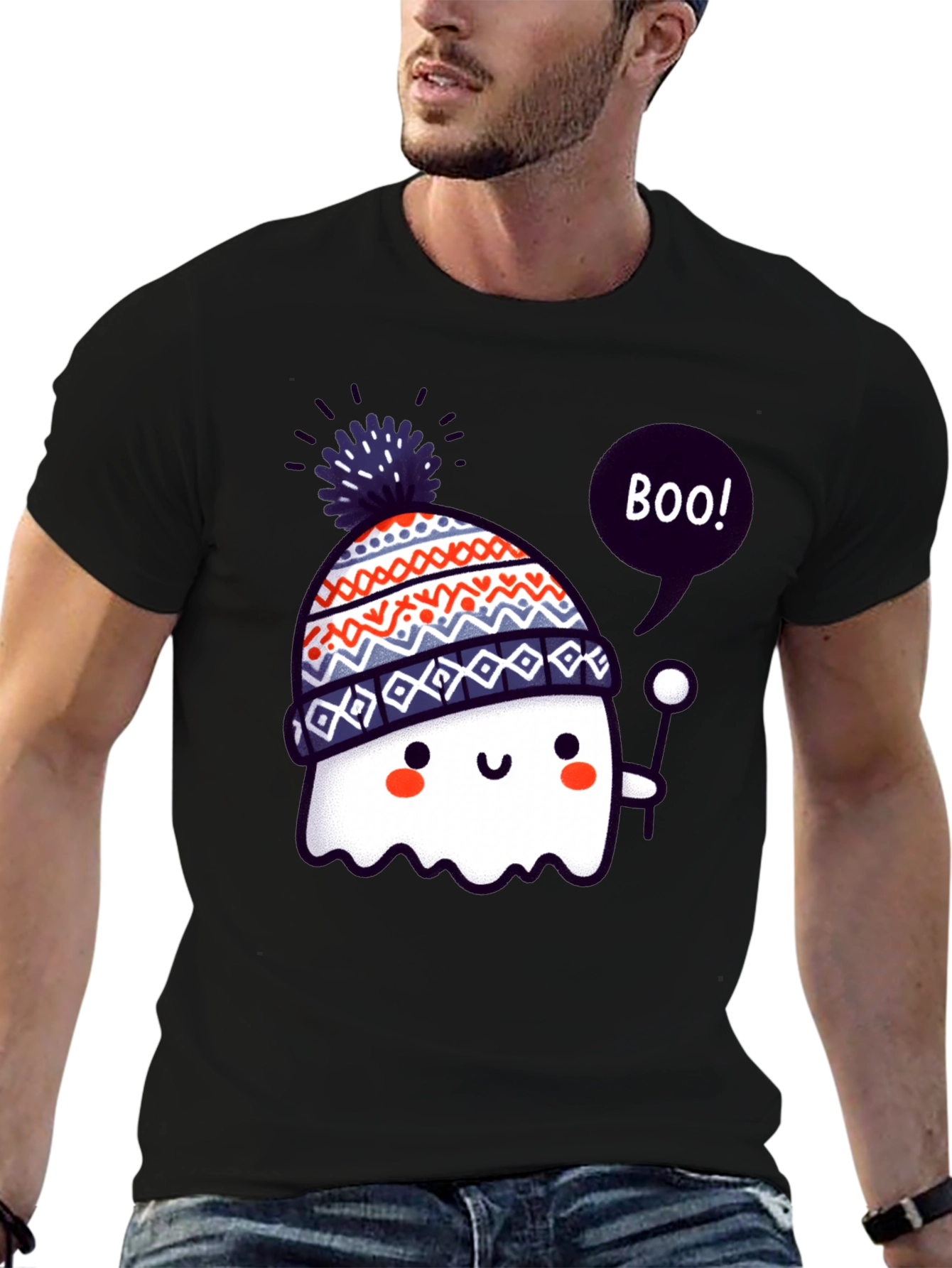 Cute Ghost in Beanie Black T-Shirt