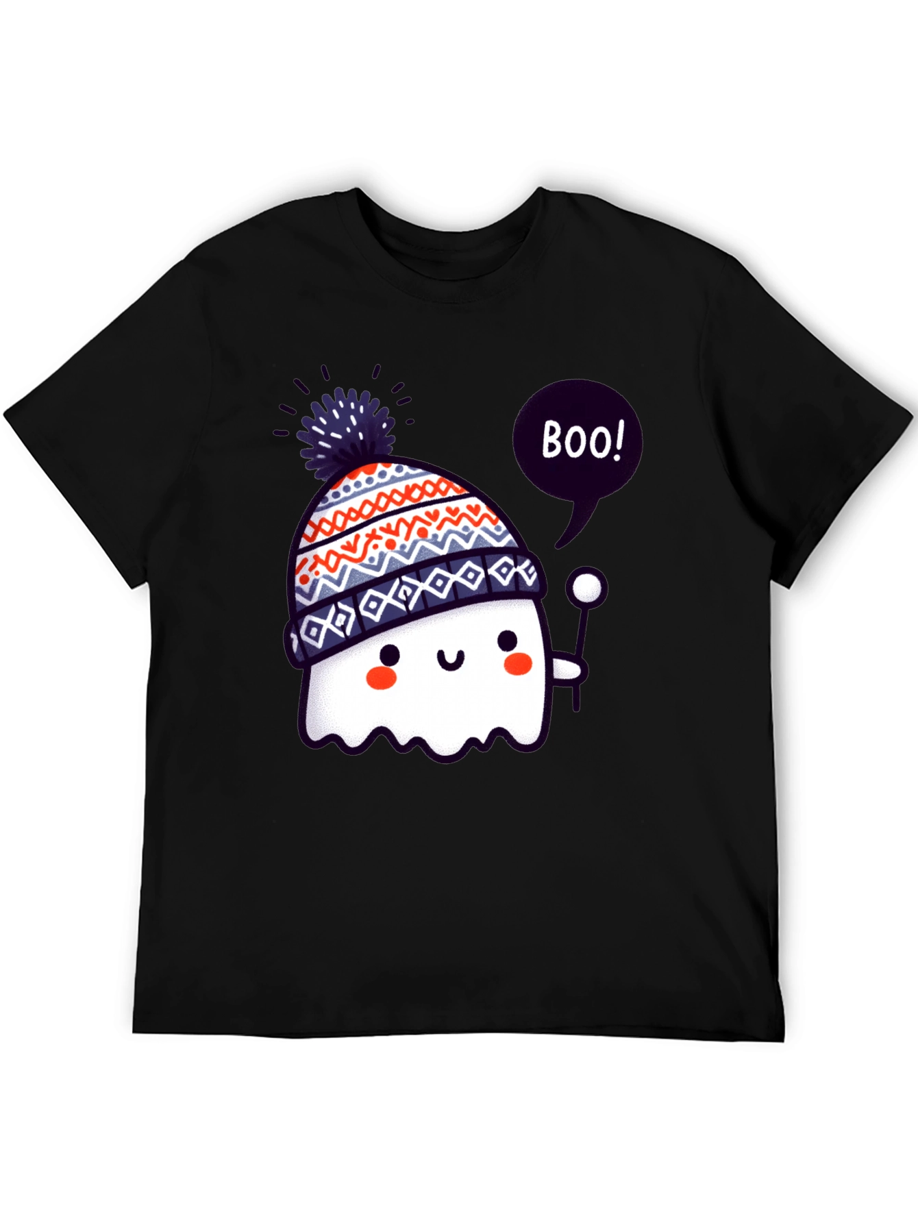 Cute Ghost in Beanie Black T-Shirt