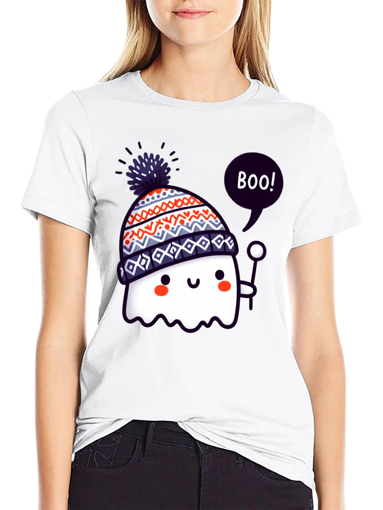 Cute Ghost in Beanie Black T-Shirt