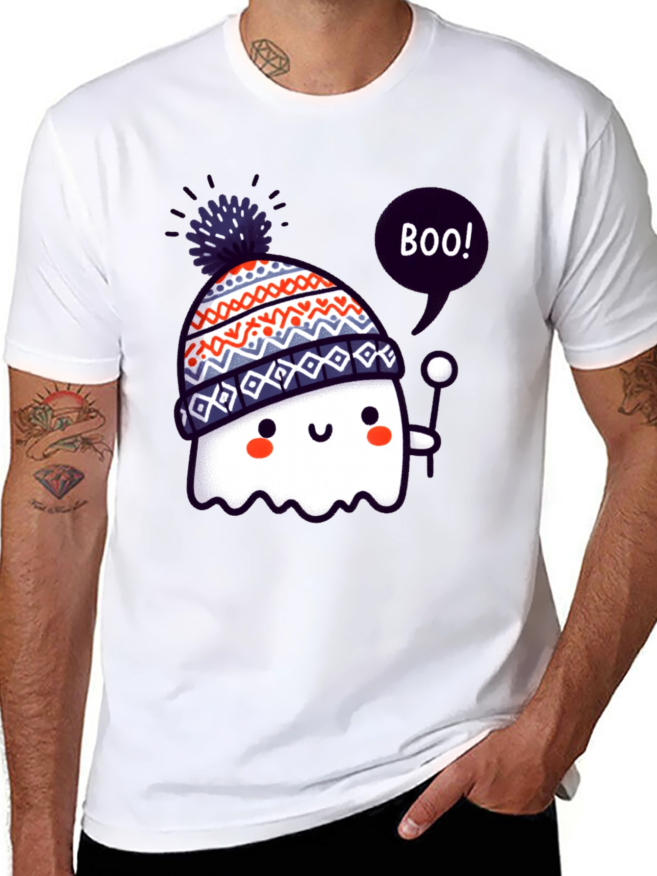 Cute Ghost in Beanie Black T-Shirt