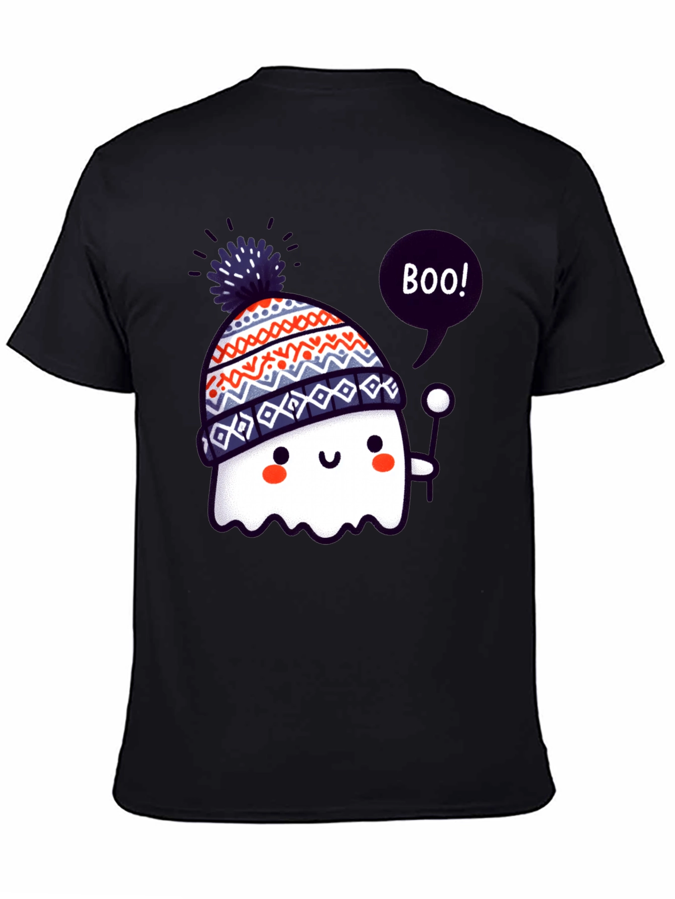 Cute Ghost in Beanie Black T-Shirt
