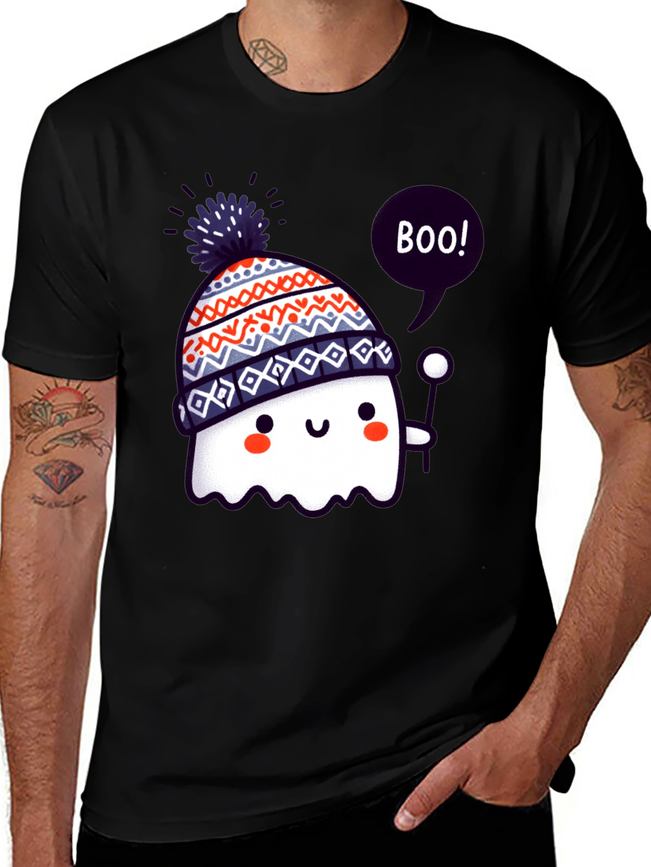 Cute Ghost in Beanie Black T-Shirt