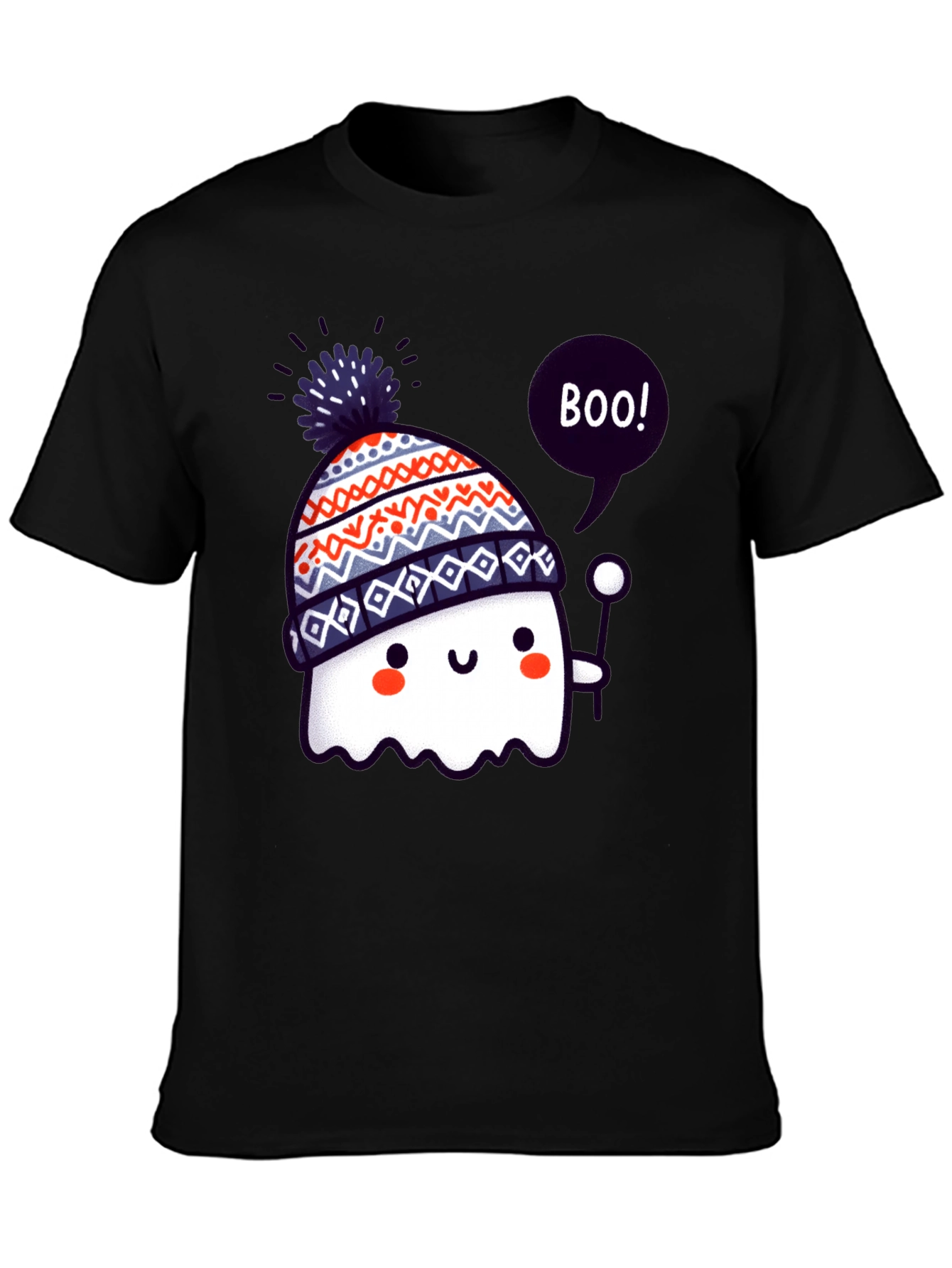 Cute Ghost in Beanie Black T-Shirt