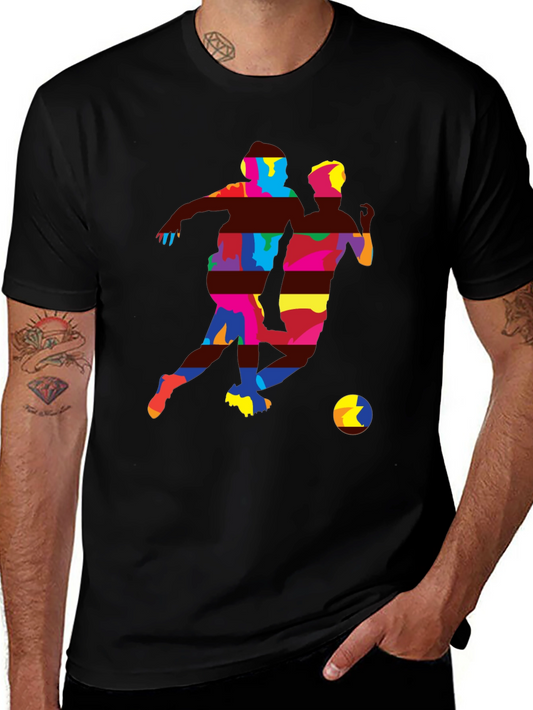 Colorful Soccer Player Graphic Tee - Black Cotton Blend