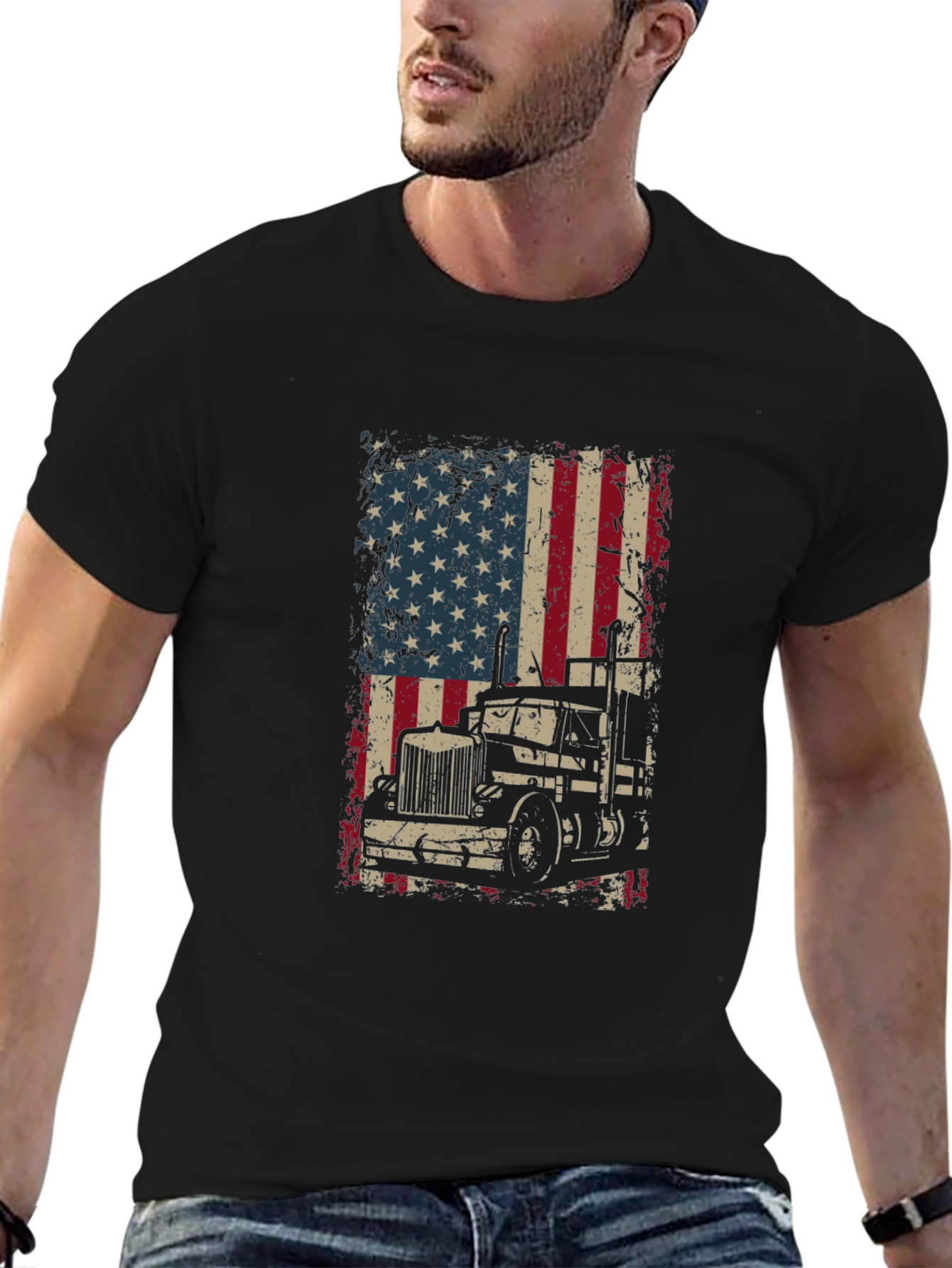 Trucker USA Flag Graphic T-Shirt - Black