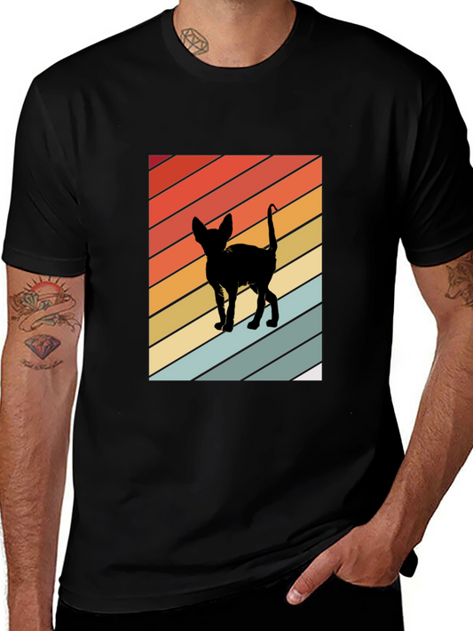 Retro Cat Silhouette Tee - Striped Background