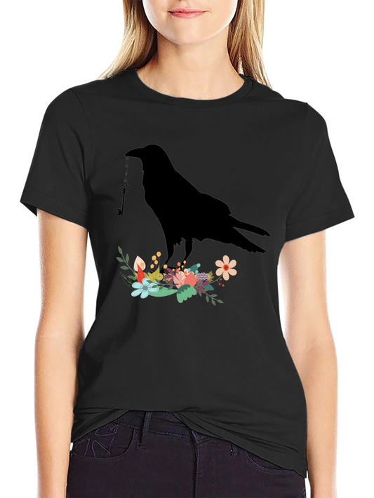 Raven Key Floral T-Shirt - Gothic Bird Tee