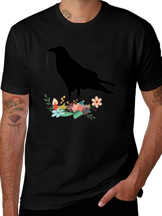 Raven Key Floral T-Shirt - Gothic Bird Tee