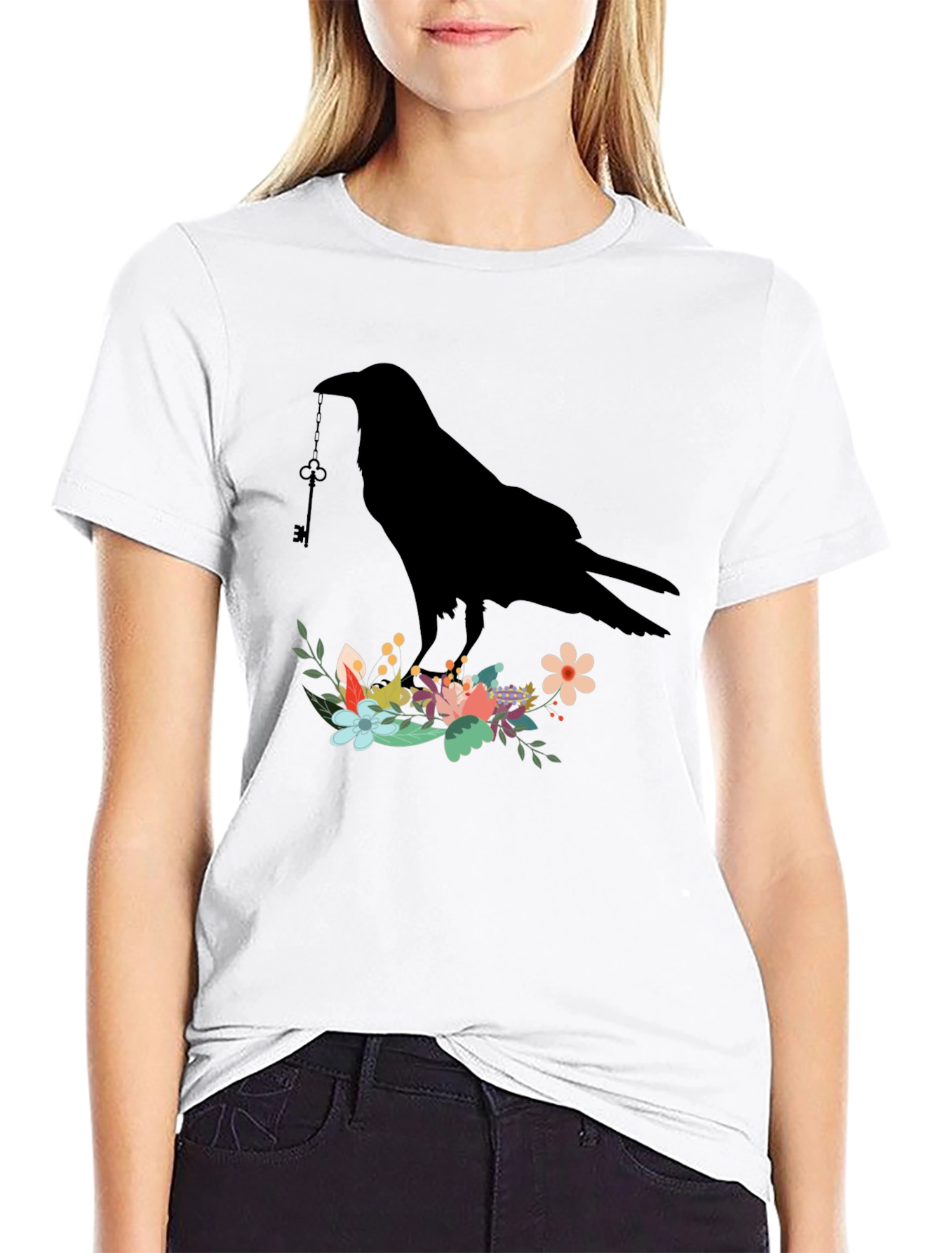 Raven Key Floral T-Shirt - Gothic Bird Tee