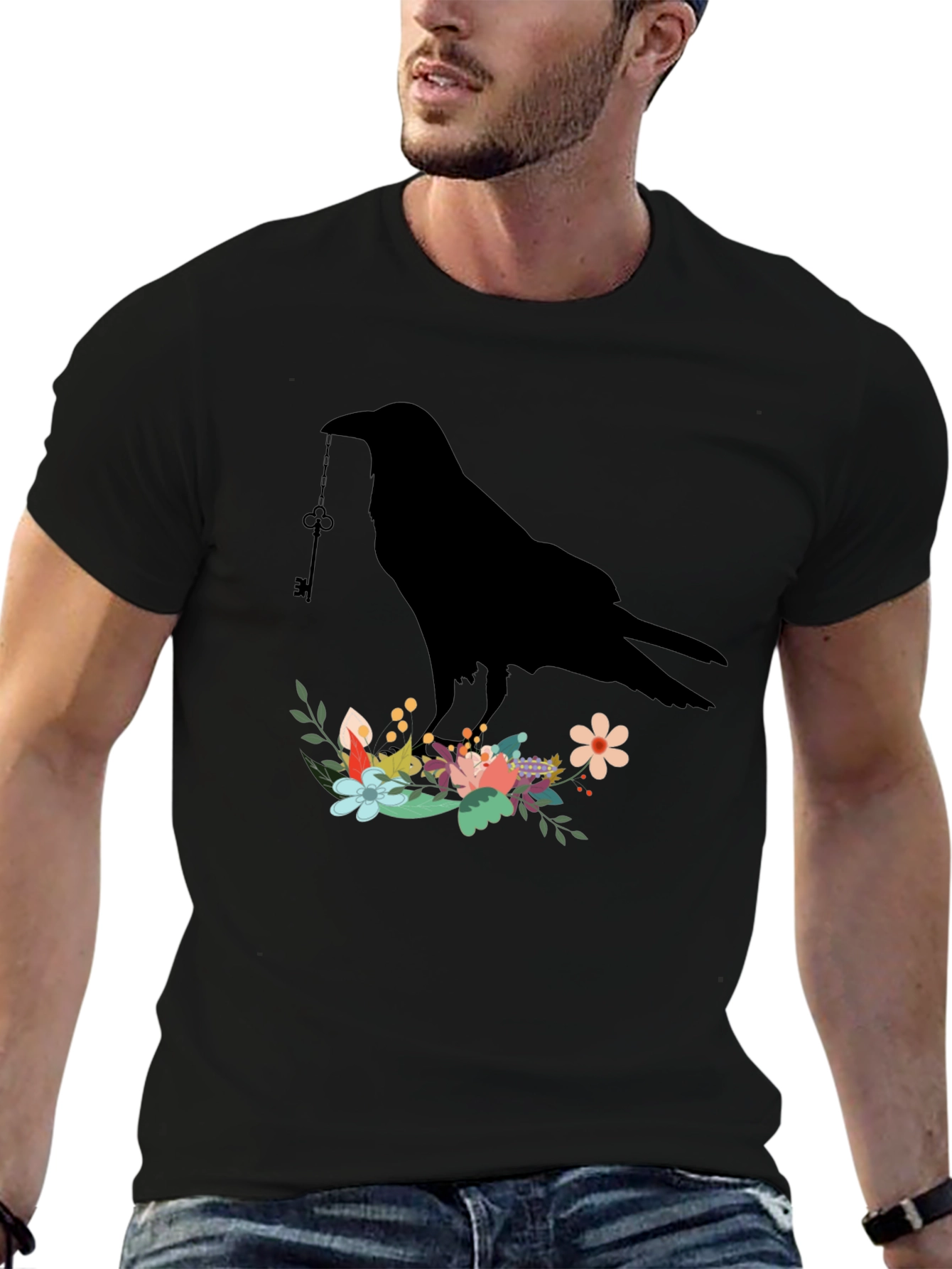 Raven Key Floral T-Shirt - Gothic Bird Tee