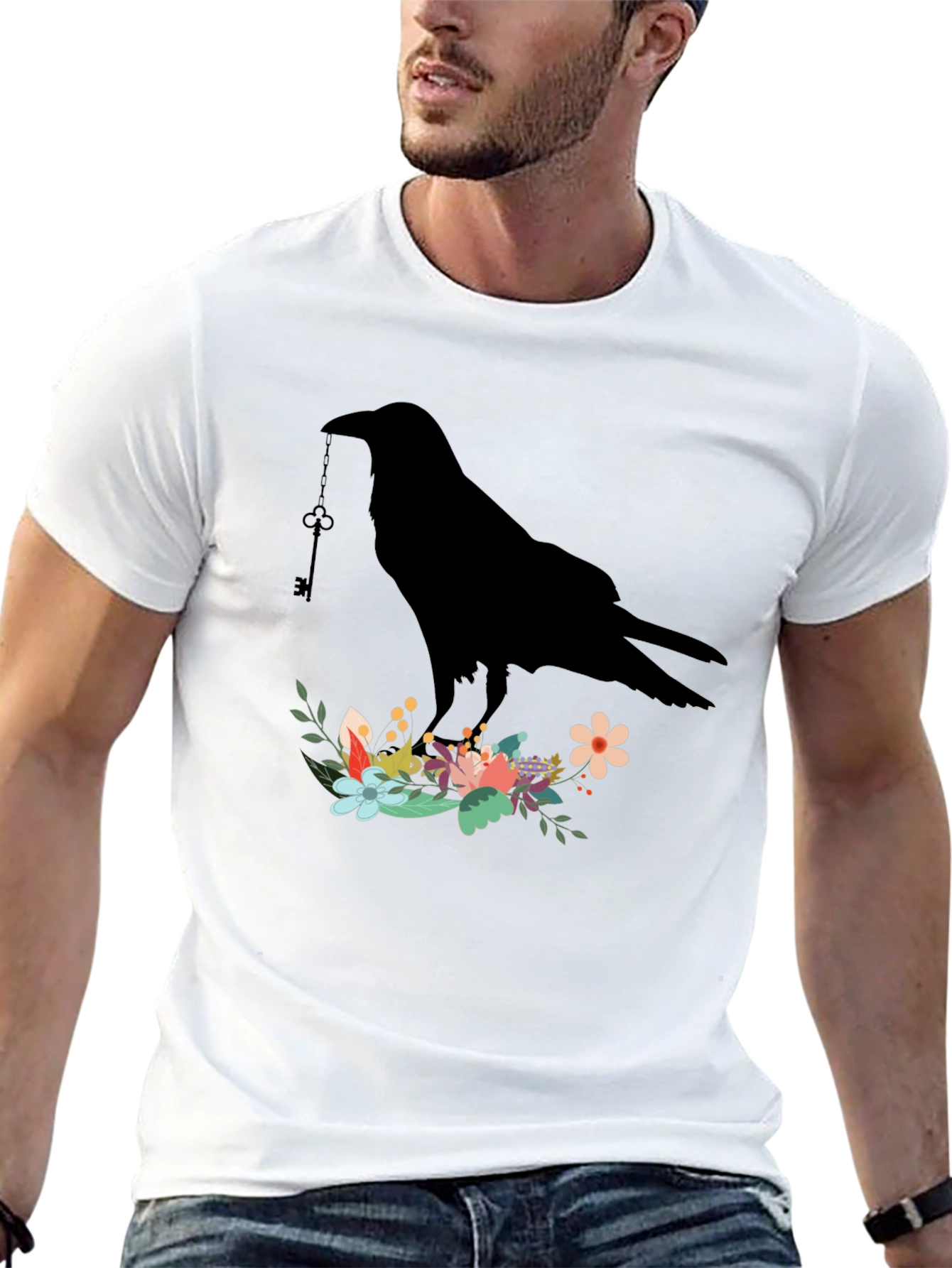 Raven Key Floral T-Shirt - Gothic Bird Tee