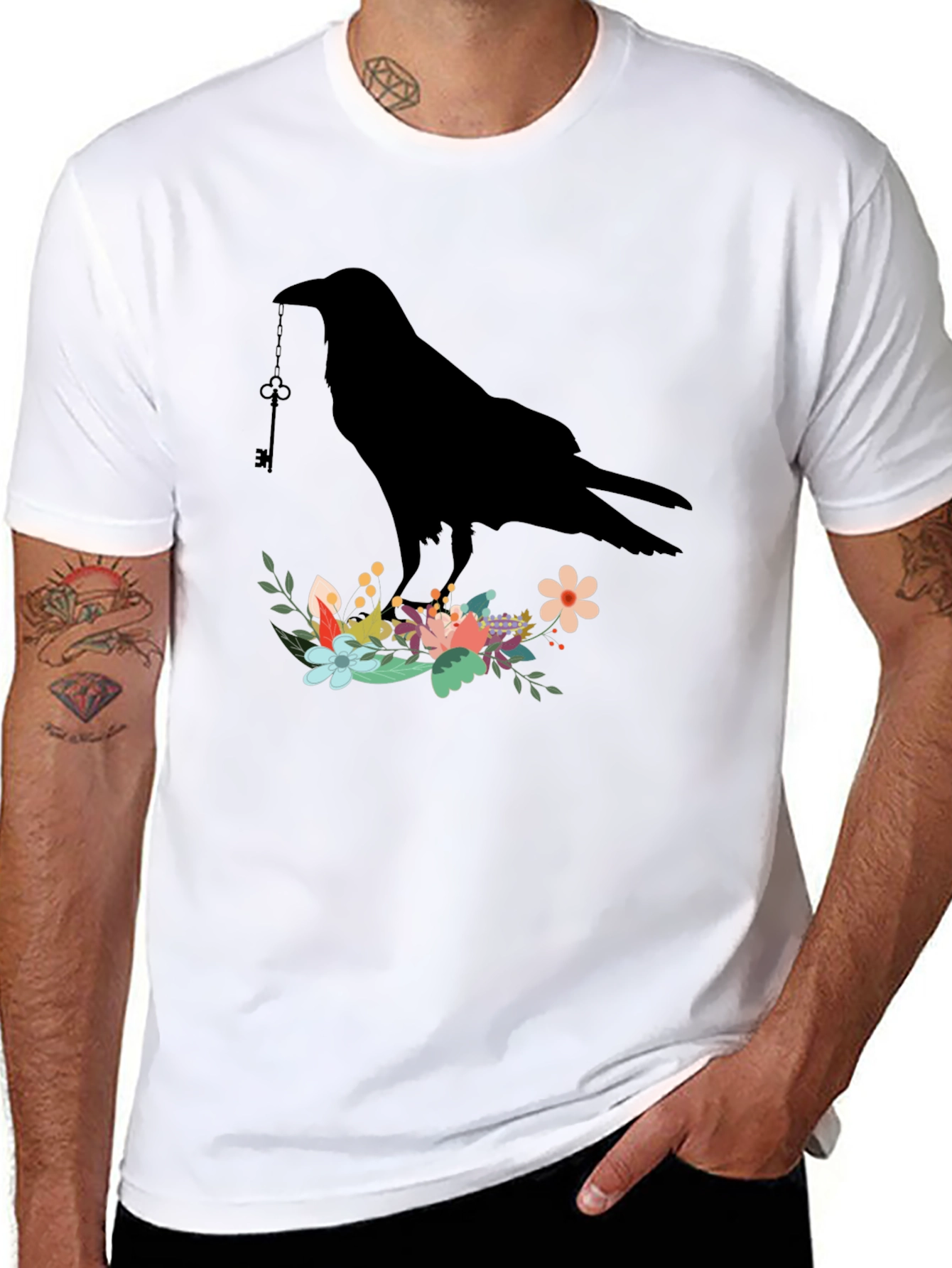 Raven Key Floral T-Shirt - Gothic Bird Tee