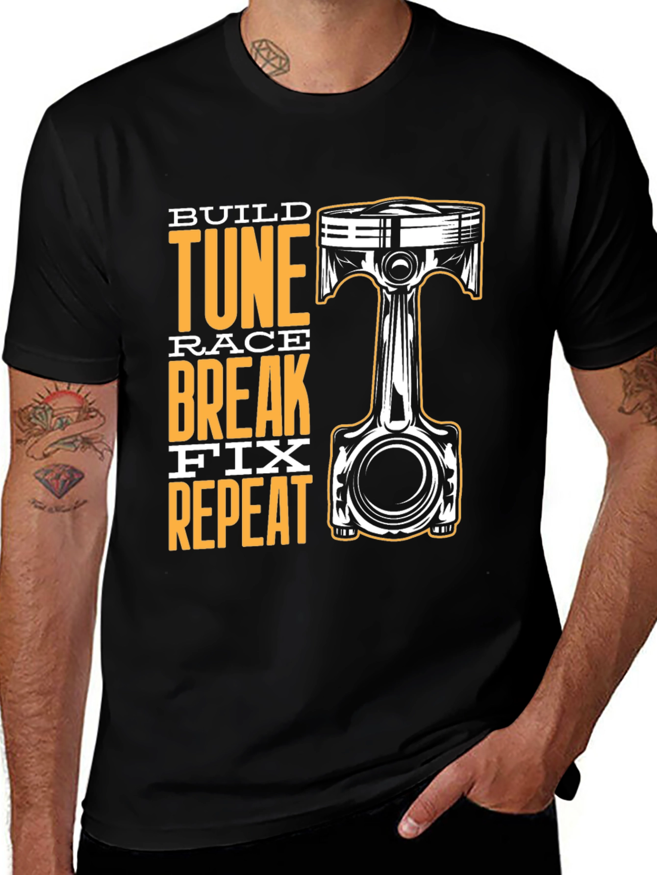 Build Tune Race Repeat Black Graphic T-Shirt