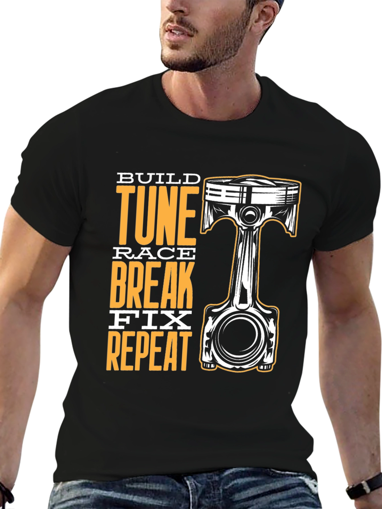 Build Tune Race Repeat Black Graphic T-Shirt