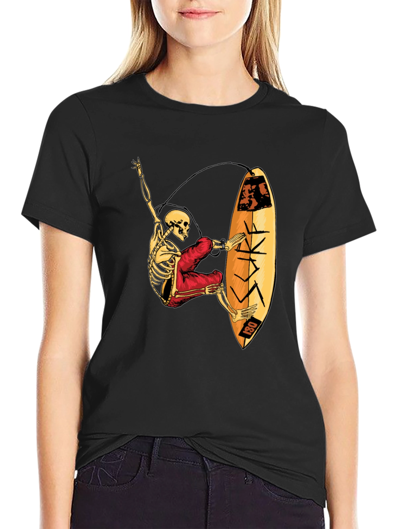 Skeleton Surfer Graphic T-Shirt - Black