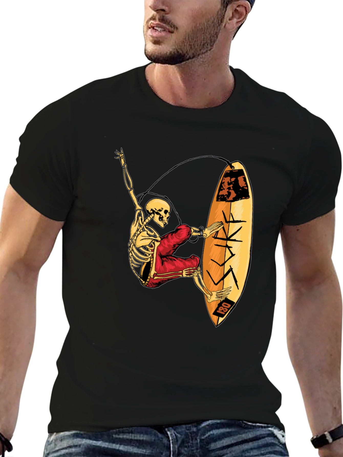 Skeleton Surfer Graphic T-Shirt - Black