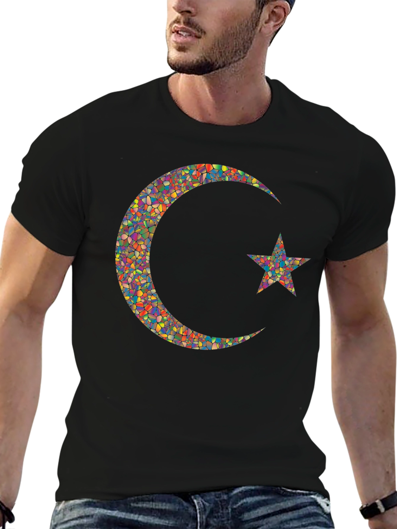 Mosaic Crescent Moon Star Graphic T-Shirt
