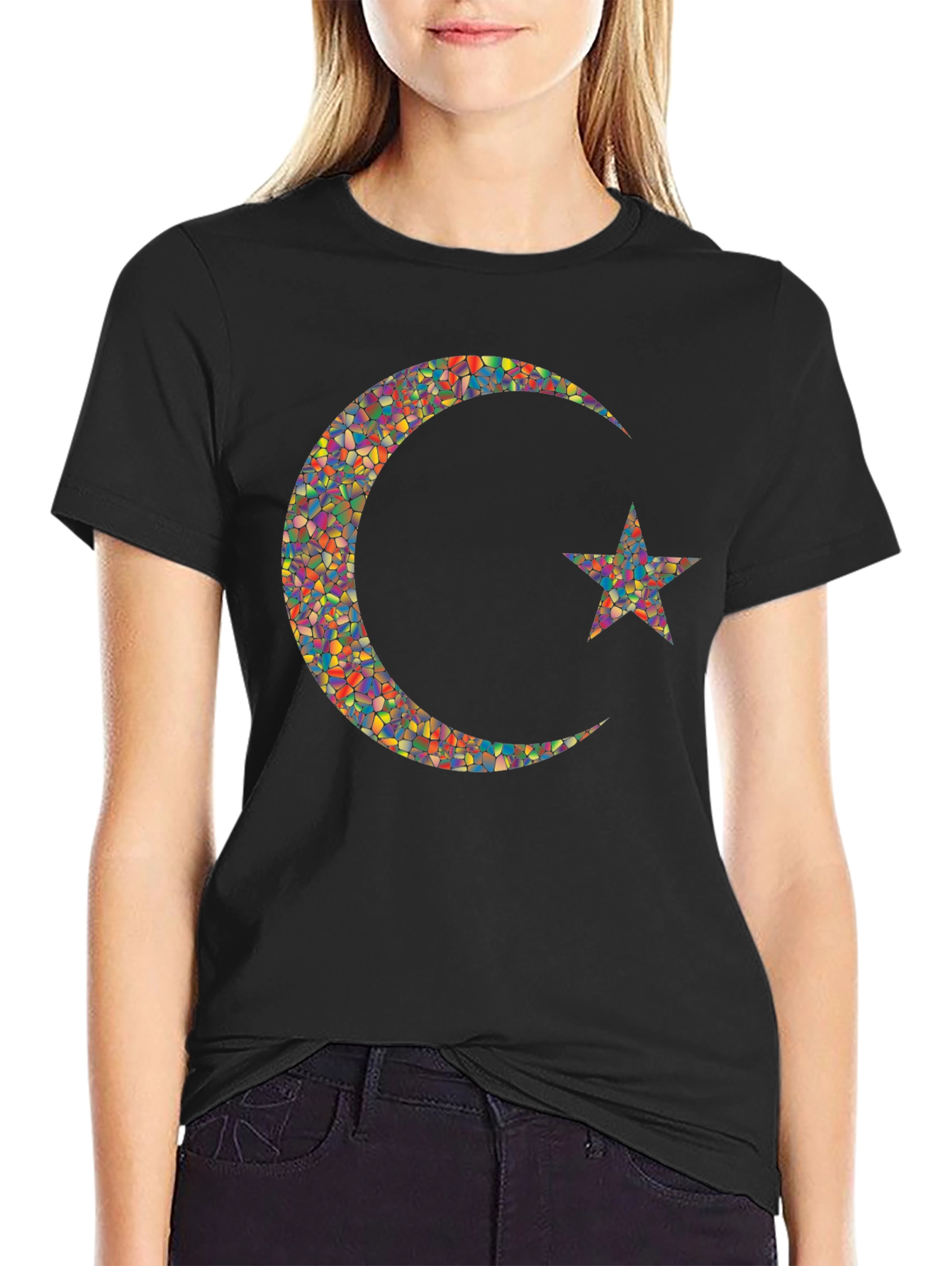 Mosaic Crescent Moon Star Graphic T-Shirt