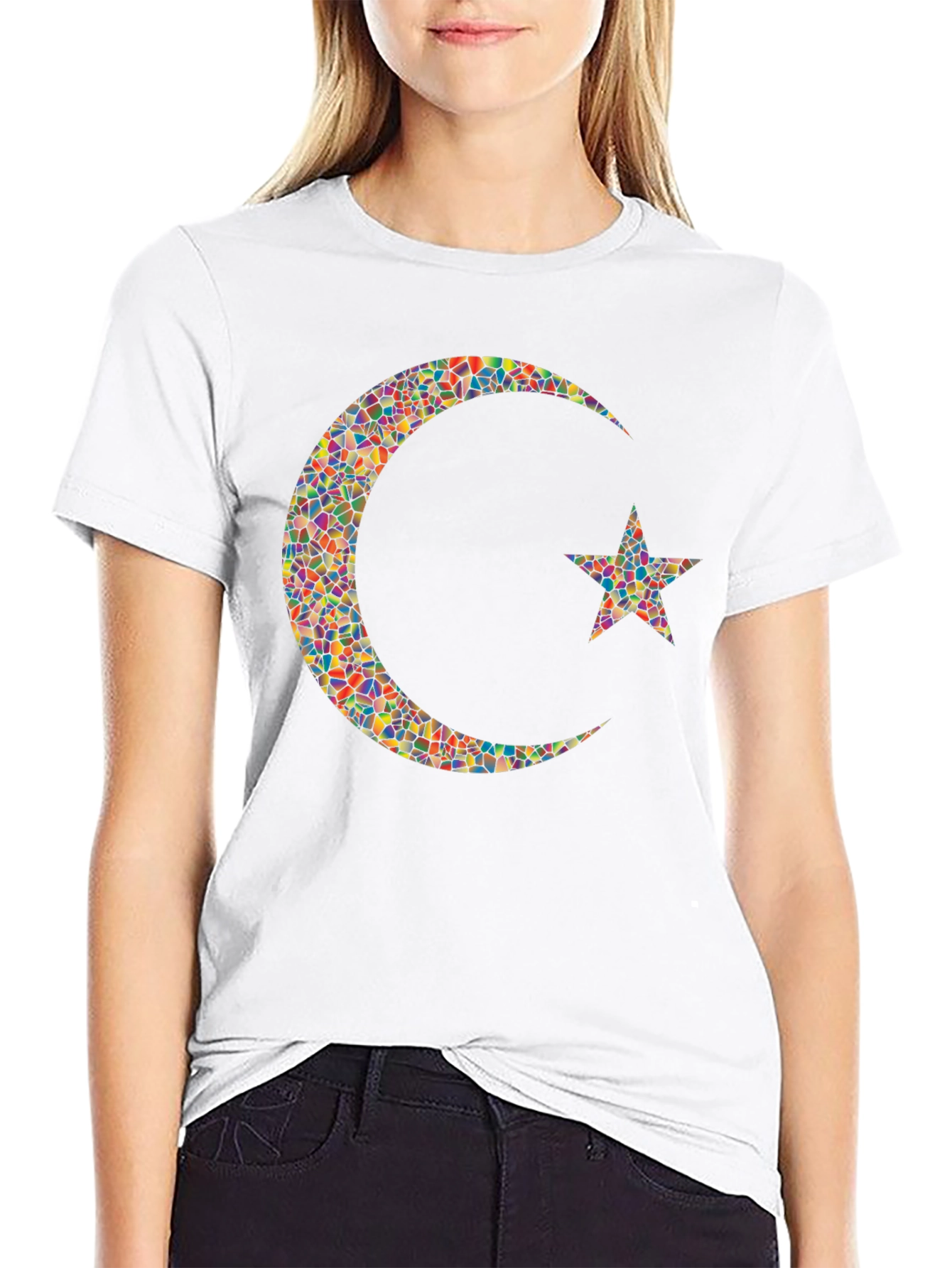 Mosaic Crescent Moon Star Graphic T-Shirt