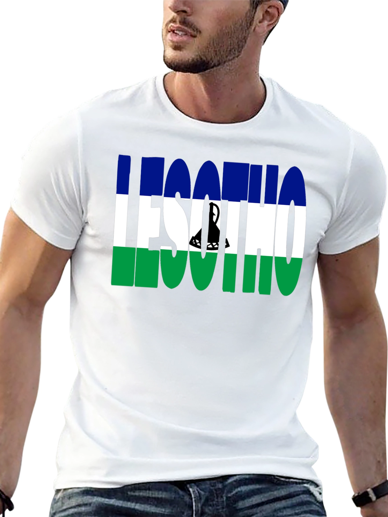 Lesotho Flag Graphic T-Shirt - Black Crew Neck Tee