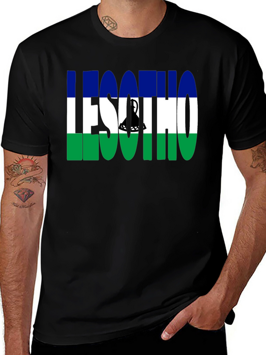 Lesotho Flag Graphic T-Shirt - Black Crew Neck Tee