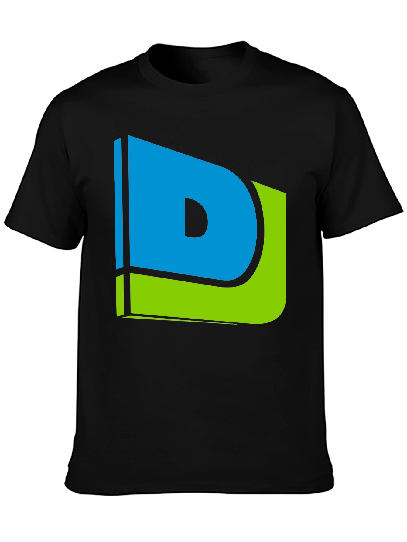 Modern Blue & Green Letter D Graphic Black T-Shirt