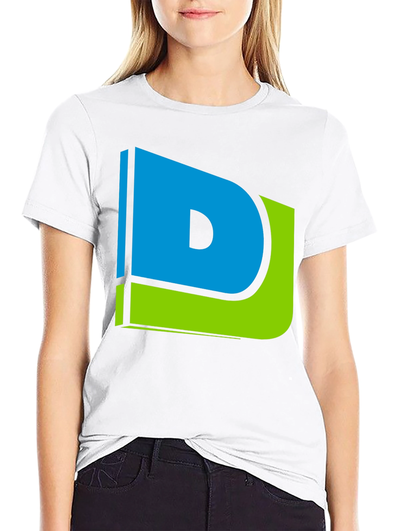 Modern Blue & Green Letter D Graphic Black T-Shirt