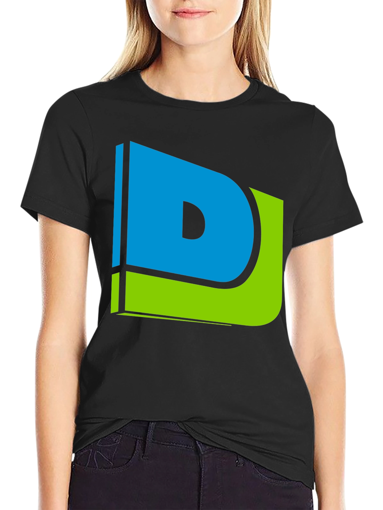 Modern Blue & Green Letter D Graphic Black T-Shirt