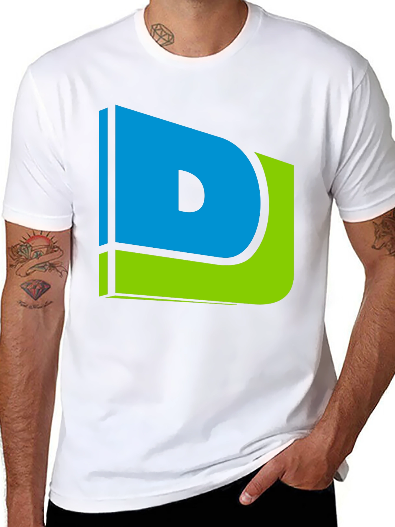 Modern Blue & Green Letter D Graphic Black T-Shirt