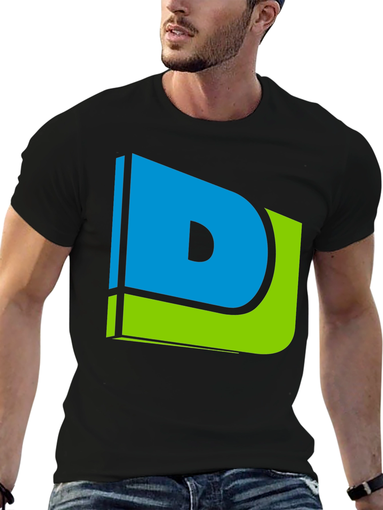 Modern Blue & Green Letter D Graphic Black T-Shirt
