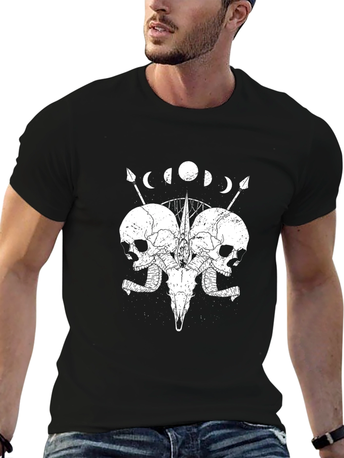 Skull & Moon Phases Graphic Tee - Black