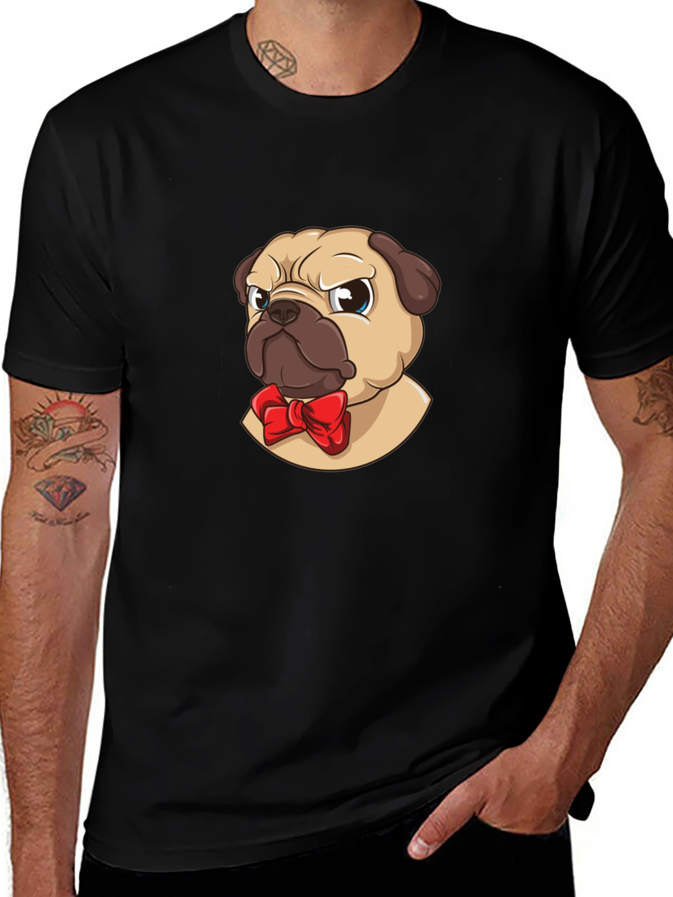 Pug With Bow Tie Graphic Tee - Black