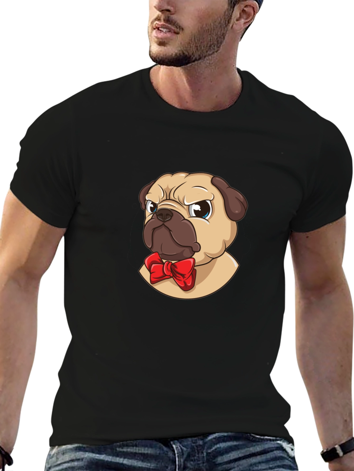 Pug With Bow Tie Graphic Tee - Black