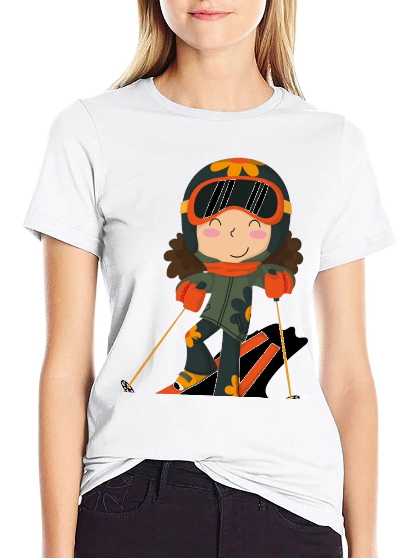 Cartoon Skier Black T-Shirt