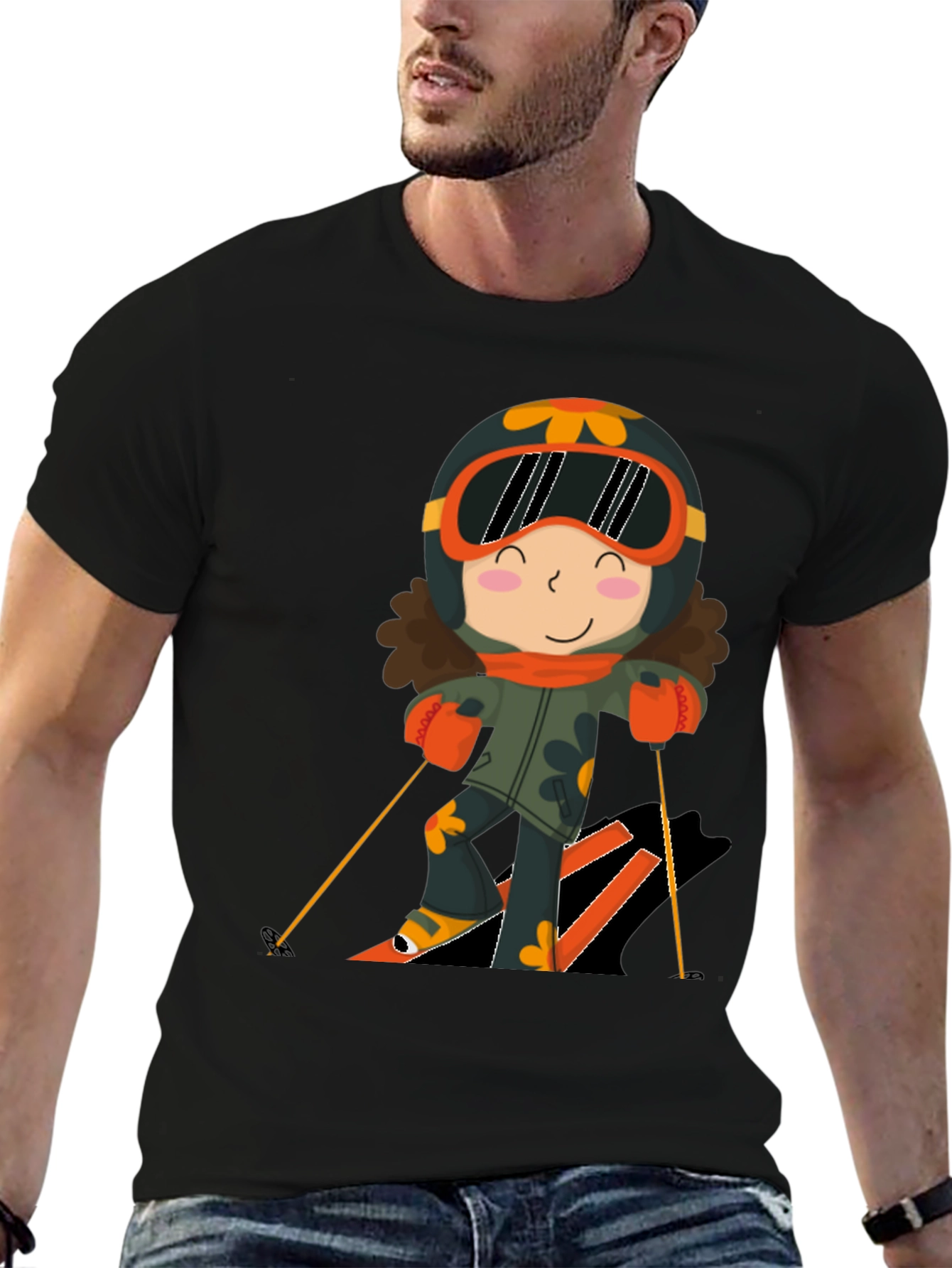 Cartoon Skier Black T-Shirt
