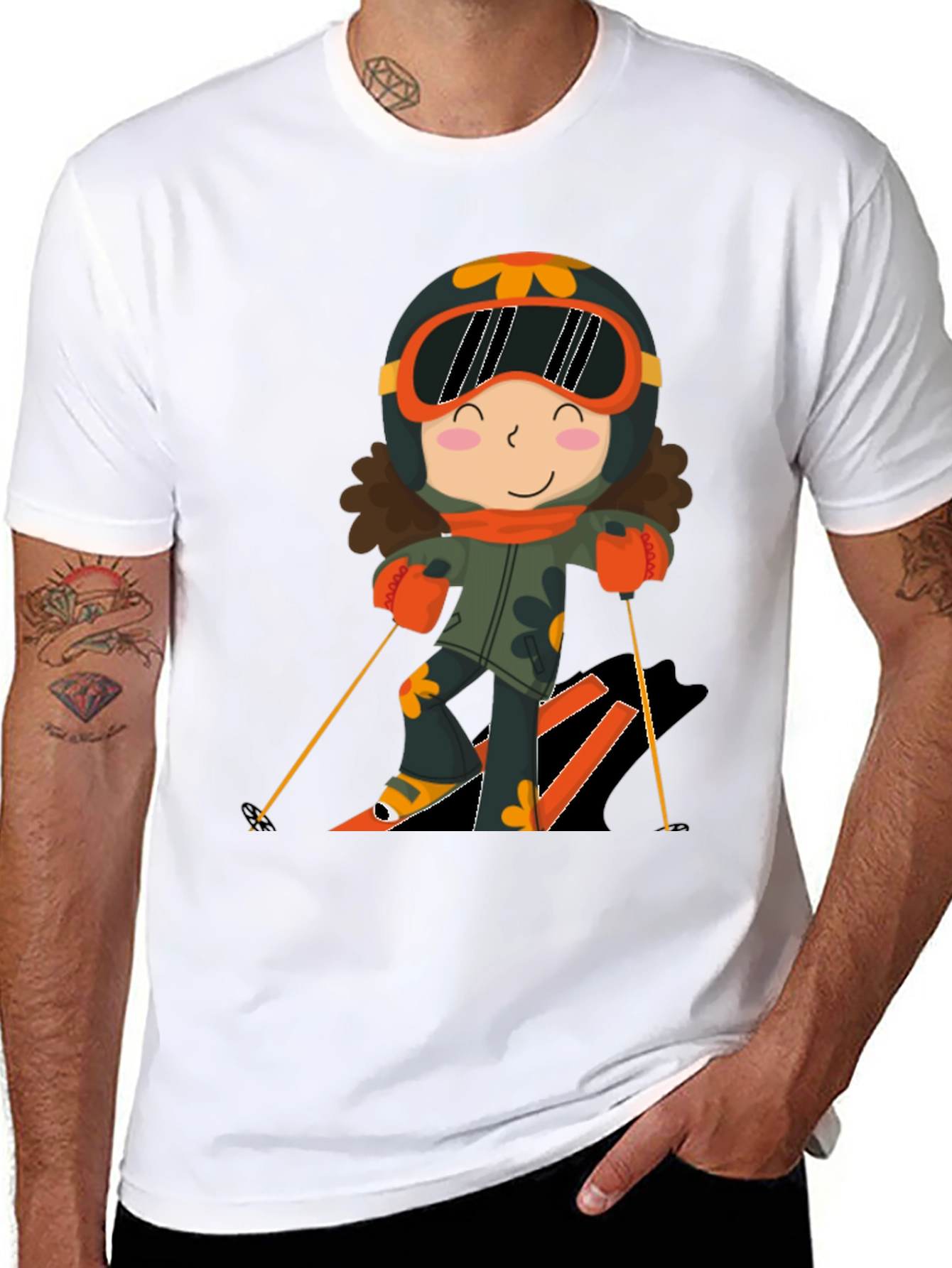 Cartoon Skier Black T-Shirt