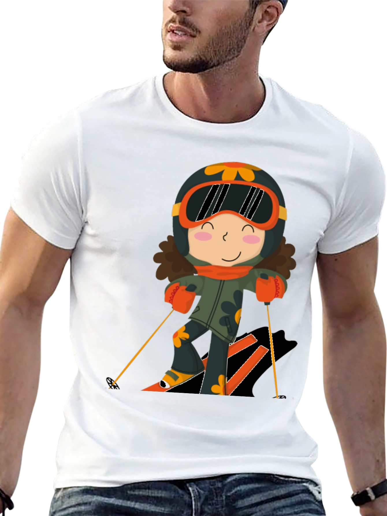 Cartoon Skier Black T-Shirt