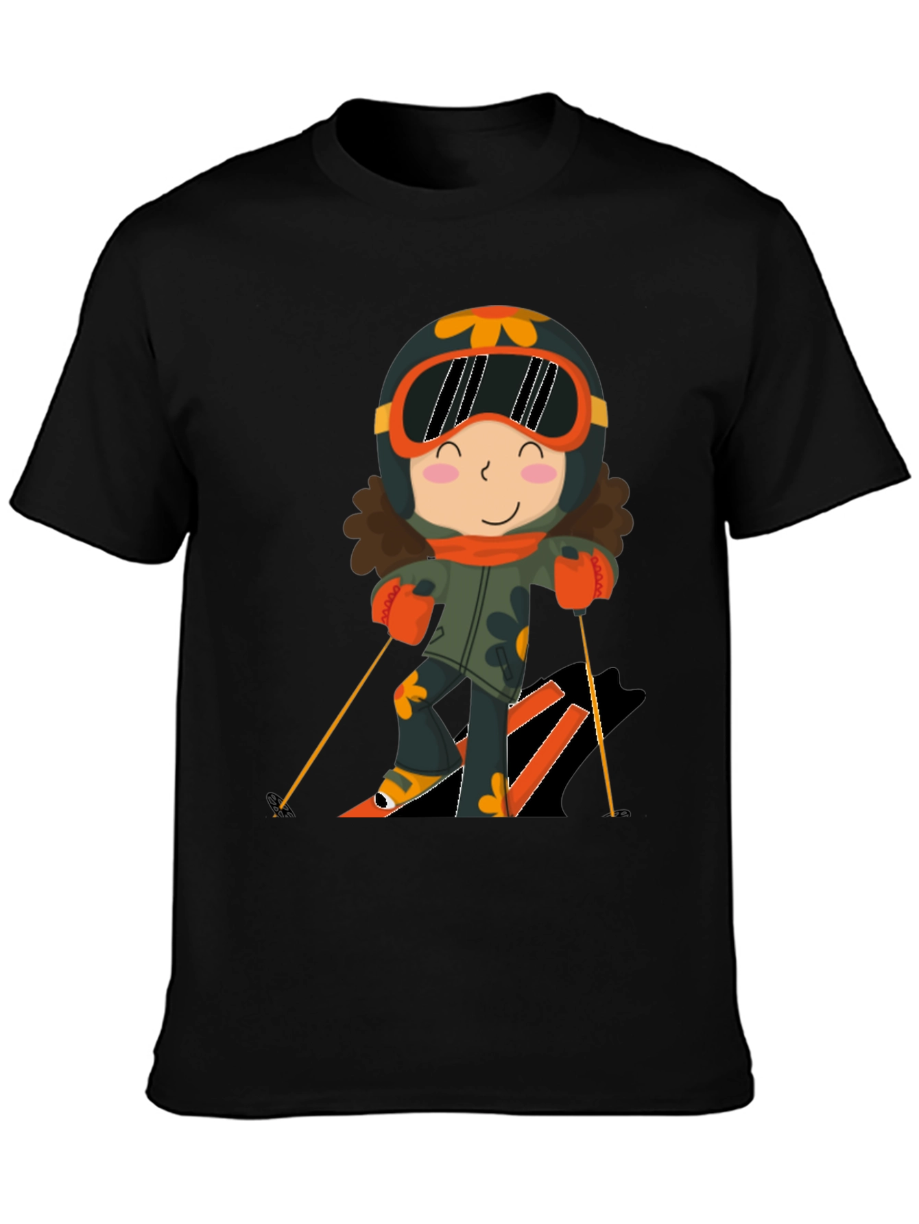 Cartoon Skier Black T-Shirt