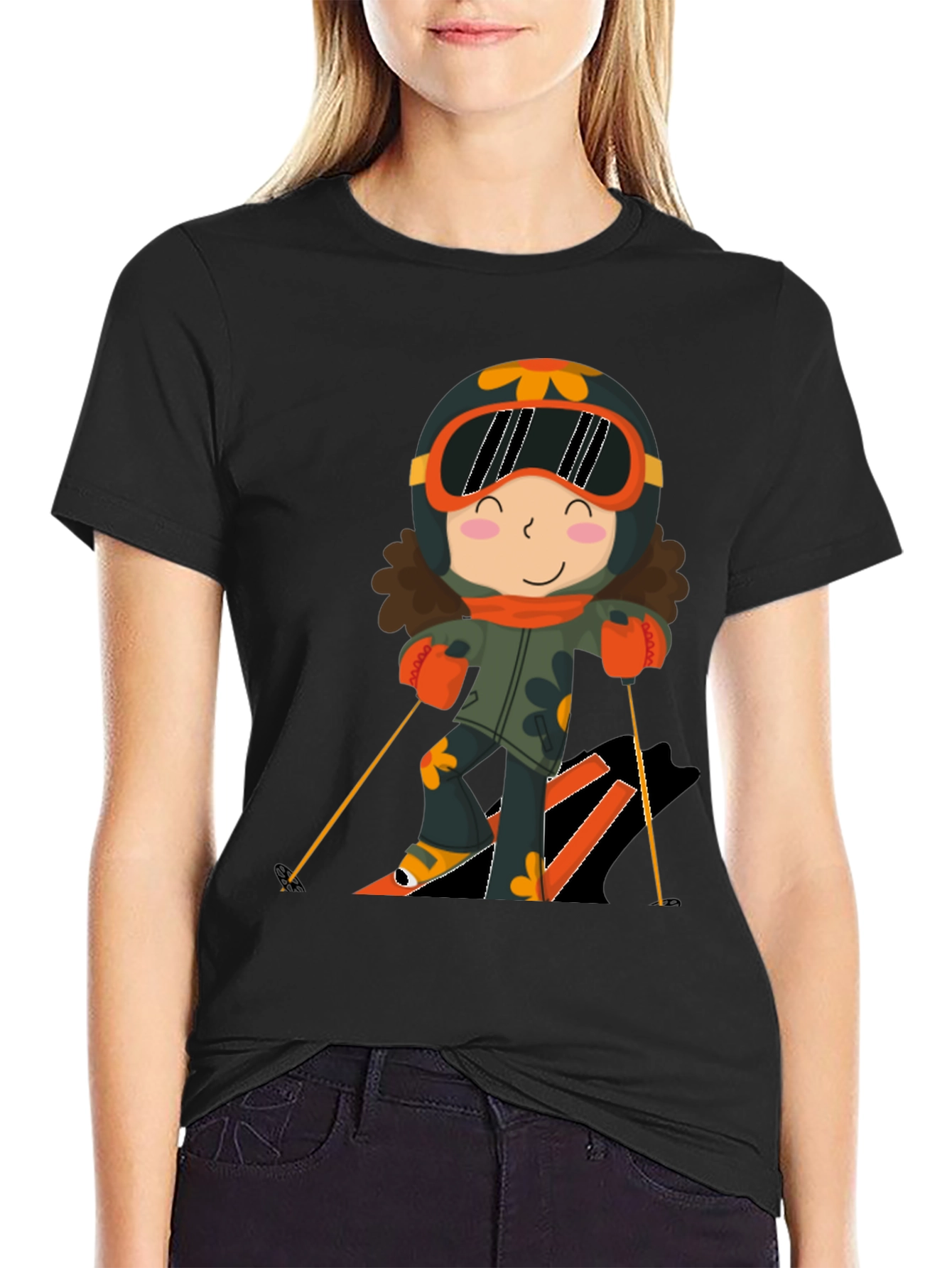 Cartoon Skier Black T-Shirt